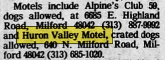 Huron Valley Motel - Feb 1985 Mention